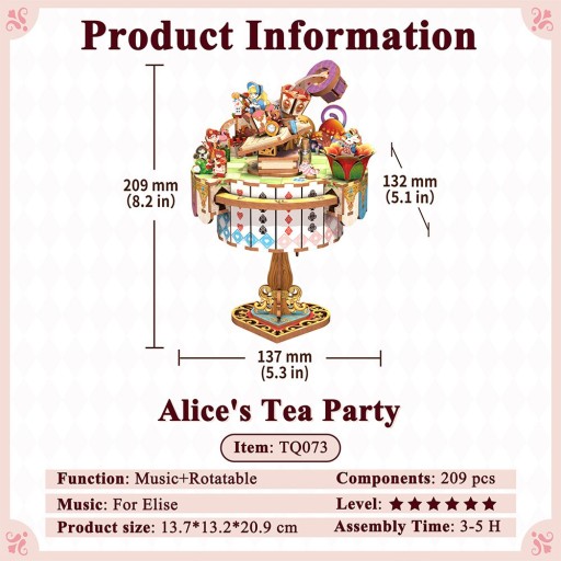 Muziekdoosje DIY 3D Houten Alice's Tea Party Tone-Cheer, TQ073, 13,7x13,2x20,9cm
