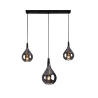 3-be pendant light "Gota", retro classic pendant lamp made of black smoke glass with E27 frames, 88 cm long, 150 high, ideal for dining room, living room and kitchen.
