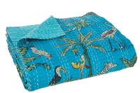 J-Line Plaid/Beach Mat Exotic Animals/Plants Stitches Cotton Blue Large