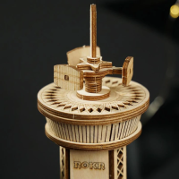 Music Box Wood DIY 3D Puzzle Airplane Control Tower, Robotime, AMK41, 19.5x19.5x25.1cm