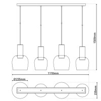 4-be pendant lamp "Funda", retro pendant lamp made of amber-colored glass and matt brushed, brass-colored metal, with E27 verticals, 111 cm long, 150 high, ideal for dining room, living room and kitchen.