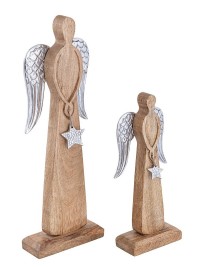 Decorative angel figure set of 2 12/16x32/47cm Christmas decoration stand mango wood aluminum