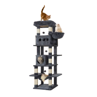 Krabpaal Groot 170 cm | Voor Grote Katten & Maine Coons | Meerdere Verdiepingen | 8 Krabpalen | 2 Holletjes | Lichtgrijs - Lichtgrijs