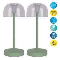2-Set LED battery table lamp "Gomba" for outside and inside, made of metal and plastic in MINT, 18.5 cm high