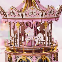 Music Box Wood DIY 3D Puzzle Romantic Carousel Dream Version with LED, Robotime, AMK62J, 23.5x17x17cm