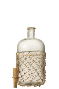 J-Line Knitted bottle and cork - glass/wood/reed - transparent