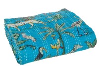 J-Line Plaid/Beach Mat Exotic Animals/Plants Stitches Cotton Blue Large