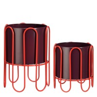 Dione Bloempot op Standaard - Set van 2 - H35 x Ø26 cm - Metaal - Donkerrood, Lichtrood