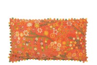 J-Line cushion Rectangle Flowers + Pompoms - velvet - orange