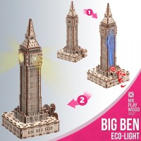 Mr. Playwood 3D Wooden Puzzle, Big Ben with LED lighting, 10206, 18.5x16x40cm