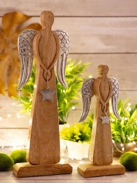 Decorative angel figure set of 2 12/16x32/47cm Christmas decoration stand mango wood aluminum