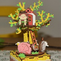 Music Box Wood DIY 3D Puzzle Tree House, Robotime, AM408, 11.6×11.5×19.5 cm