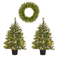 Nagoya Set van 2 Kerstbomen en 1 Kerstkrans voor Buiten met LED Verlichting en Timerfunctie - H90 x Ø45 cm - Groen