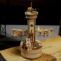 Music Box Wood DIY 3D Puzzle Airplane Control Tower, Robotime, AMK41, 19.5x19.5x25.1cm