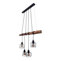 4 pendant lamp "Woodland", hanging lamp, metal and wood in black, and natural E27 socket, for dining room, living room, hallway or office, 100 cm long