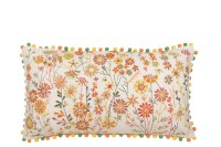 J-Line cushion Rectangle Flowers + Pompoms - cotton - white/orange