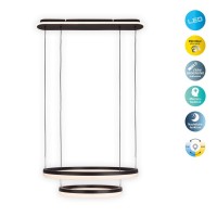 LED CCT pendant light "Circulo" made of black metal and sand-colored plastic, with integrated LED and many functions, Ø 60 cm, 150 cm high.