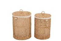 J-Line Set of 2 Baskets + Lid Washing Water Hyacinth Natural