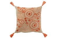 J-Line Cushion Square Floral Embroidery + Tassels Cotton Greige/Orange