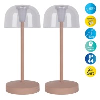 2-er Set LED battery table lamp "Gomba" for outside and inside, made of metal and plastic in Frosted Almond, 18.5 cm high