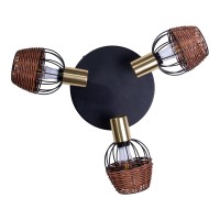 3 "Corbis" ceiling rondel, metal spot in black, with gold and rattan, with E14 socket, for dining room, living room, hallway or office, lighting for living room, dining room or office, 38 cm diameter