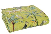 J-Line Plaid/Beach Mat Exotic Animals/Plants Stitches Cotton Green Large