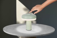 Cordless table light "Pilu", 16.5 cm high, above Ø of 15 cm, metal in MINT, white plastic, integrated LEDs, 280 lumens, dimmable by touch sensor, warm white