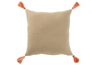 J-Line Cushion Square Floral Embroidery + Tassels Cotton Greige/Orange