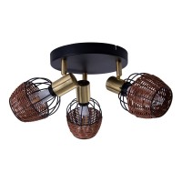 3 "Corbis" ceiling rondel, metal spot in black, with gold and rattan, with E14 socket, for dining room, living room, hallway or office, lighting for living room, dining room or office, 38 cm diameter