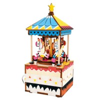 Music Box Wood DIY 3D Puzzle Merry-Go-Round, Robotime, AM304, 7.3x8x17 cm