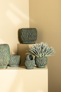 Brendan Green Cement Round Pot Carved Gold FinishL