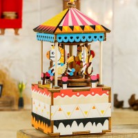 Music Box Wood DIY 3D Puzzle Merry-Go-Round, Robotime, AM304, 7.3x8x17 cm