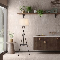Standing lamp with integrated "Tora" table made of rust -colored metal and natural -colored textile material, 158 cm high Ø 51cm, E27