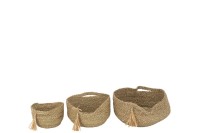 J-Line Set of 3 Round Basket with Handle + Brush Grass Natural