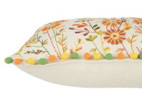 J-Line cushion Rectangle Flowers + Pompoms - cotton - white/orange