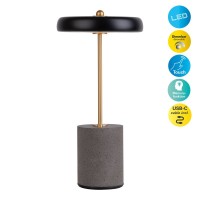 Akku Tischleuchte "SETA" schwarz 30 cm hoch aus Metall und Beton, mit fest verbauter LED