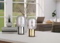 Akku-Tischleuchte "ALBERO" Deko-Tischleuchte aus chromfarbenem Metall und Glas mit fest verbauten LEDs, dimmbar mit Berührungssensor, 25 cm hoch