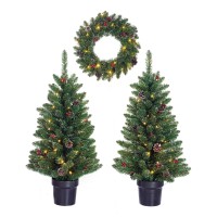Creston Set van 2 Kerstbomen en 1 Krans met LED Verlichting - Groen