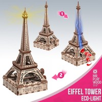 Mr. Playwood 3D Wooden Puzzle Eiffel Tower with LED lighting, 10205, 18.5x16x38cm