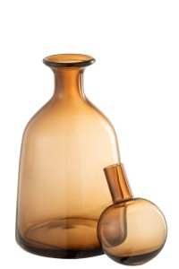 J-Line Bottle+Stopper Plain Decorative Low Glass Brown Small