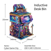 Tone-Cheer DIY 3D Wooden Puzzle Desk Bin, Cyber ​​Game City, TQ182,15x14x23cm