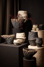 Vakas Grey Cement Oval Wavy Vase W Gold Border L