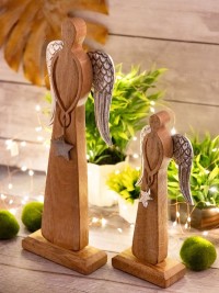 Decorative angel figure set of 2 12/16x32/47cm Christmas decoration stand mango wood aluminum