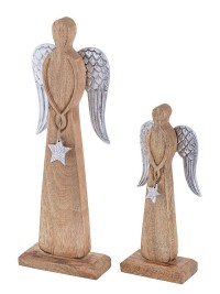 Decorative angel figure set of 2 12/16x32/47cm Christmas decoration stand mango wood aluminum