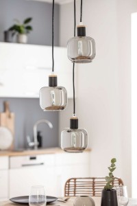 3 ceiling lamp "fumoso", pendant lamp made of metal and glass in black, with E14 socket, for dining room, living room, hall or office, hanging lamp total height 123 cm.
