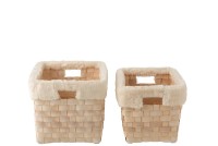 J-Line set of 2 rectangular baskets - faux fur/rattan - natural/white