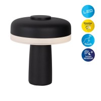 Cordless tablet light "Pilu", 16.5 cm high, above Ø of 15 cm, metal in black, white plastic, integrated LEDs, 280 lumens, dimmable by touch sensor, warm white