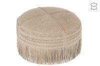 J-Line Pouf Fringes Round Leather Light Gray