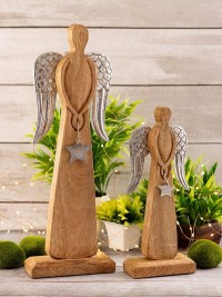 Decorative angel figure set of 2 12/16x32/47cm Christmas decoration stand mango wood aluminum