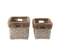 J-Line set of 2 m and rectangular - faux fur/rattan - brown